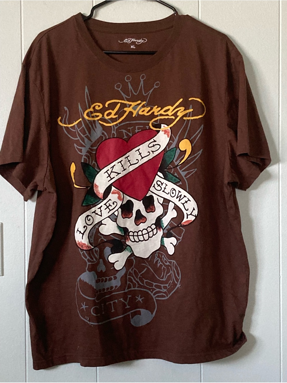 Ed Hardy SZ XL Brown Tee with Red Heart & Skull Graphic Cotton Mix NEW